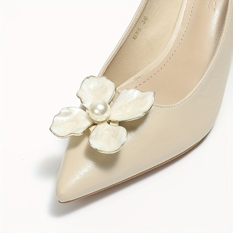 Pointed Toe Kitten Heels Flower Pearl Slip On Low Heels Work Shoes