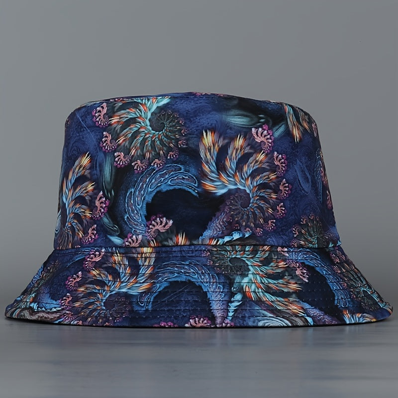 Casual Reversible Bucket Hat Vintage Swirl Feather Florets Print Fisherman Cap
