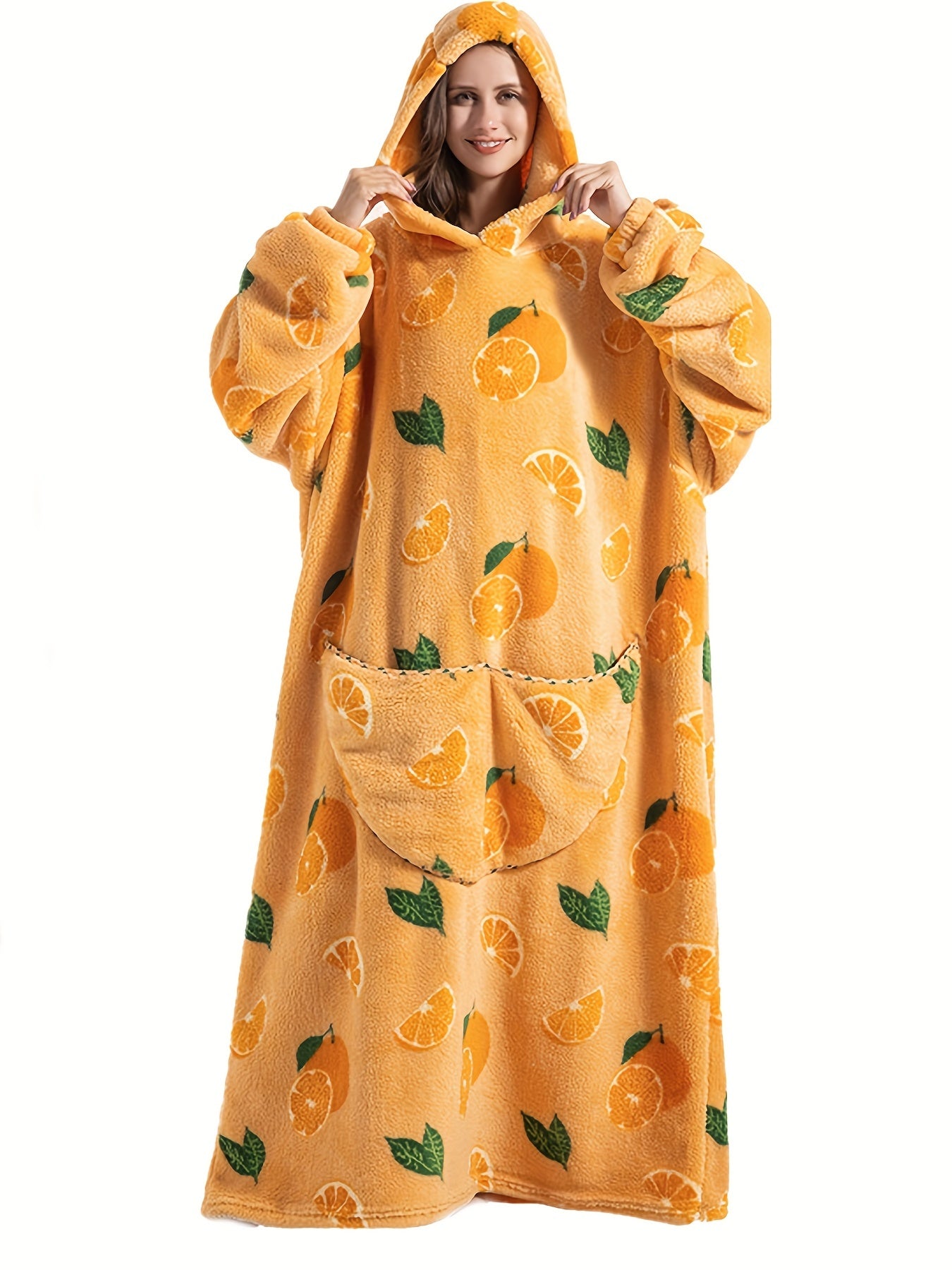Women's Plus Size Orange Pattern Flannel Hoodie Nightgown
