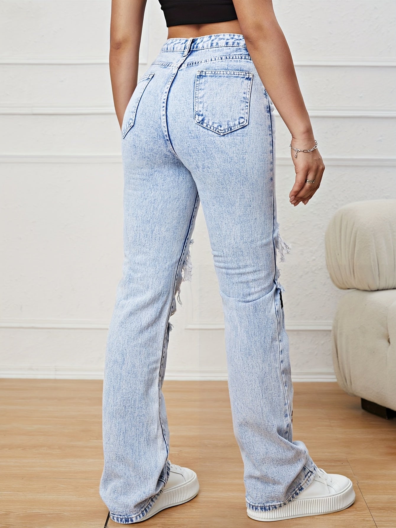 Floral Ripped Straight Jeans High Waist Distressed Denim Pants