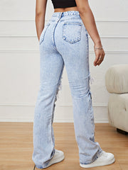 Floral Ripped Straight Jeans High Waist Distressed Denim Pants
