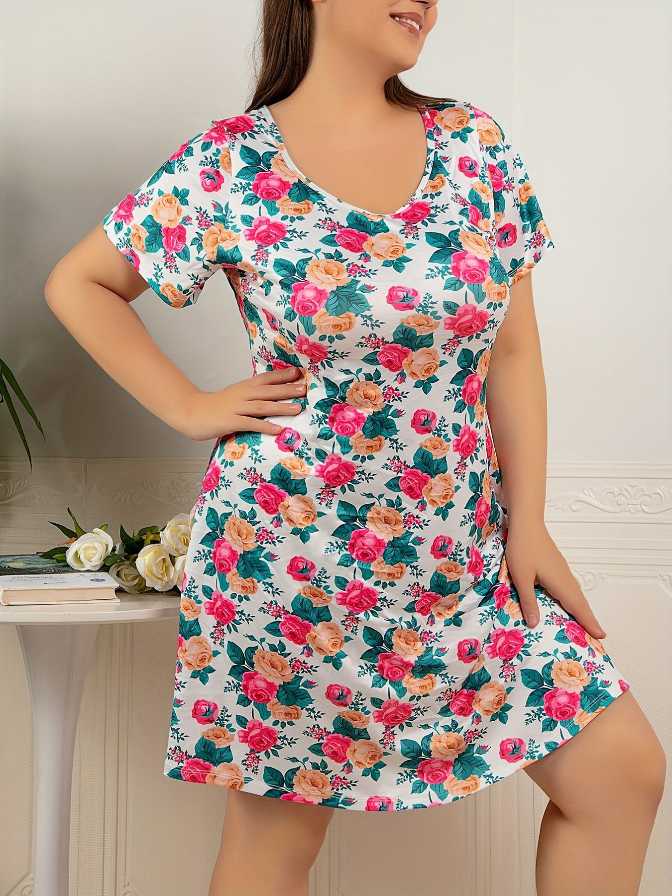 Nightdress Women's Plus Smoothing Floral Print Round Neck Sleep Dress