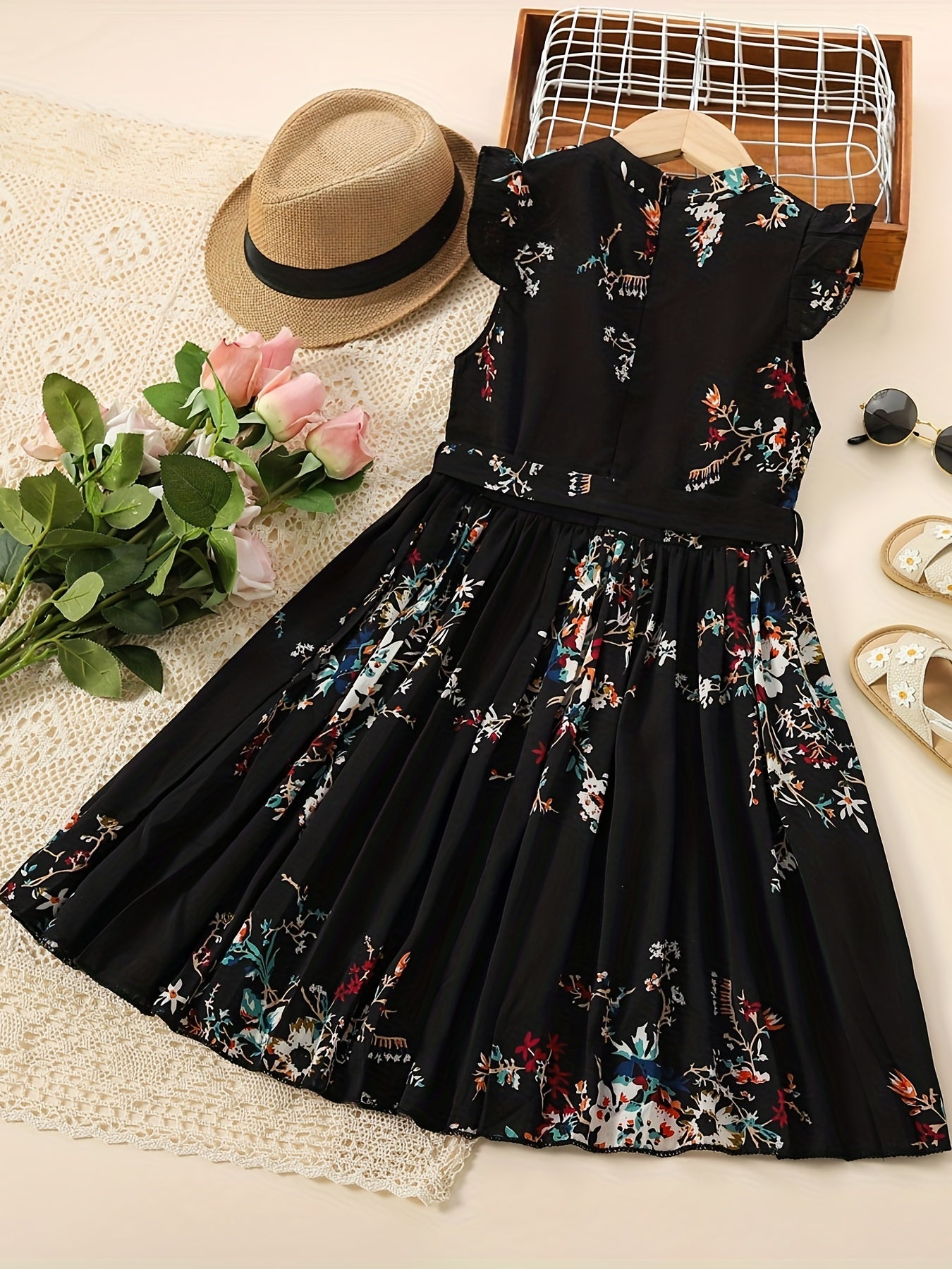 Girls Floral Print Bowknot Belt Pleated Dress for Party Vacation