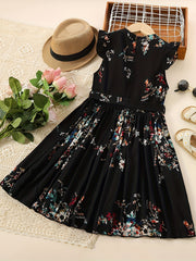 Girls Floral Print Bowknot Belt Pleated Dress for Party Vacation