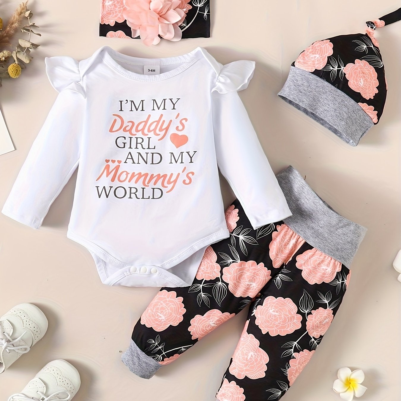 4pcs Baby Girls Long Sleeve Romper Bandana Hat Flowers Trousers Set