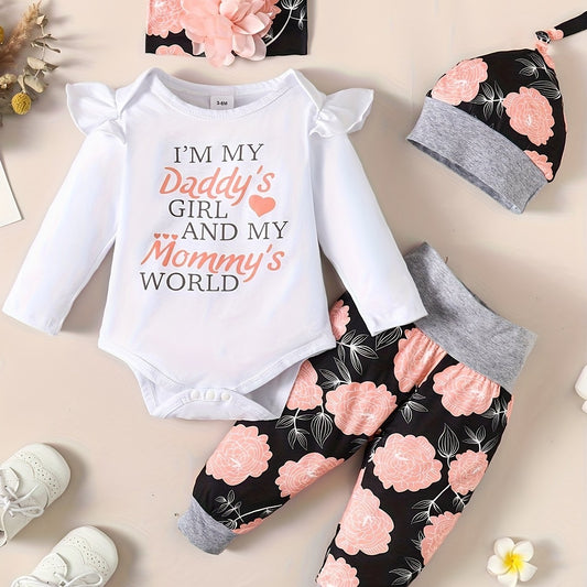 4pcs Baby Girls Long Sleeve Romper Bandana Hat Flowers Trousers Set