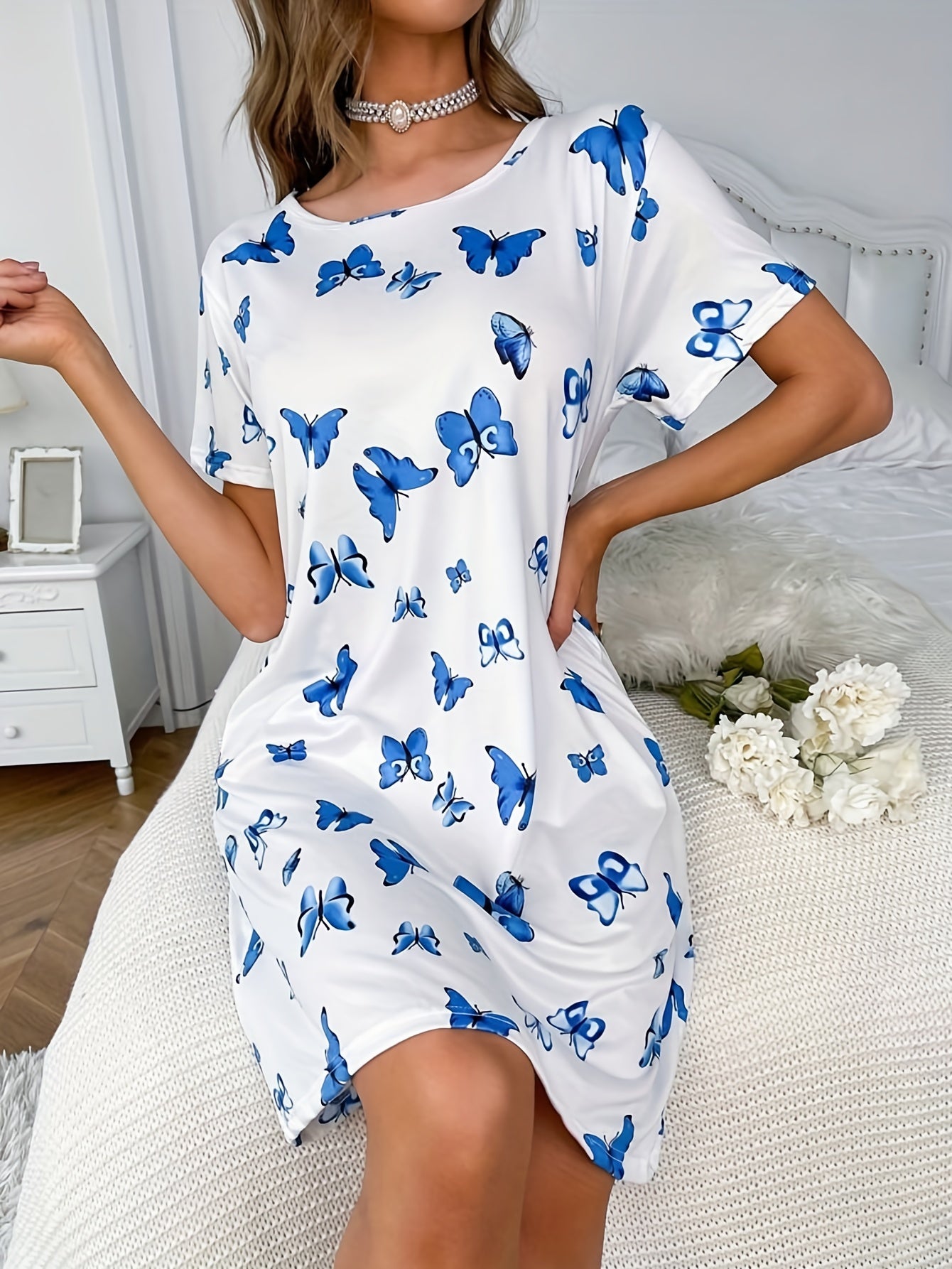 Butterflies Print Short Sleeve Pajama Dress