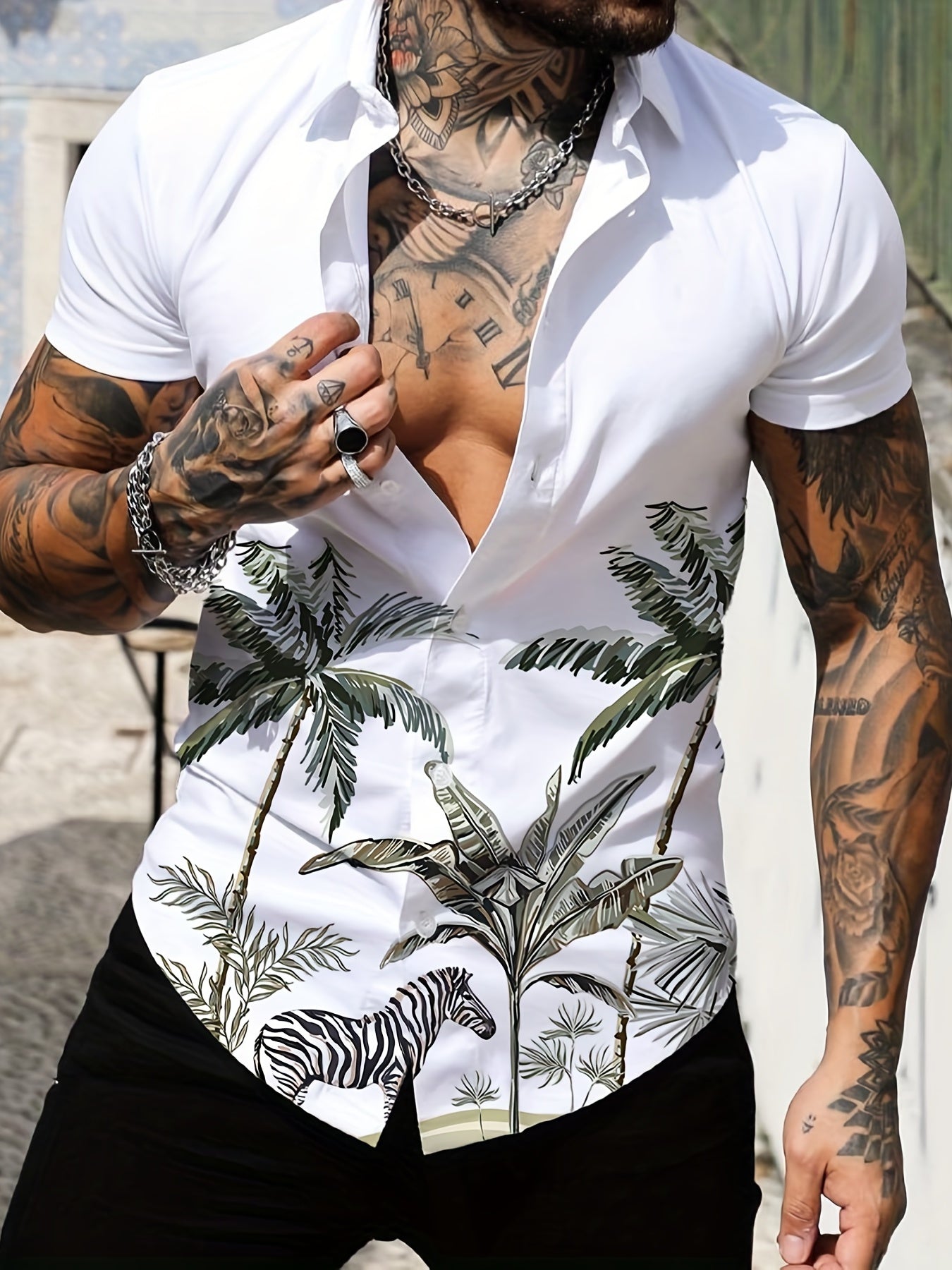 Coconut Tree Print Hawaiian Shirt - Men's Casual Short Sleeve Shirt