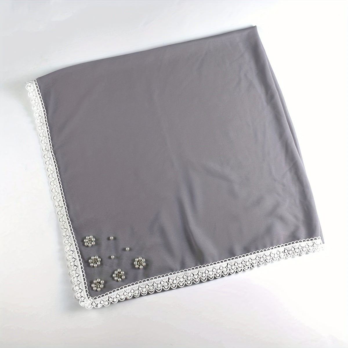 Lace Square Scarf Faux Pearl Flower Decor Bandana Solid Hijab for Women