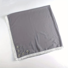 Lace Square Scarf Faux Pearl Flower Decor Bandana Solid Hijab for Women