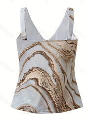 Women's Plus Marble Print Tankini Set with Wrap Cross Front Tank Top & Shorts