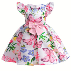 Toddler Girls Ruffle Trim Flowers And Butterfly Graphic Bow Princess Dress