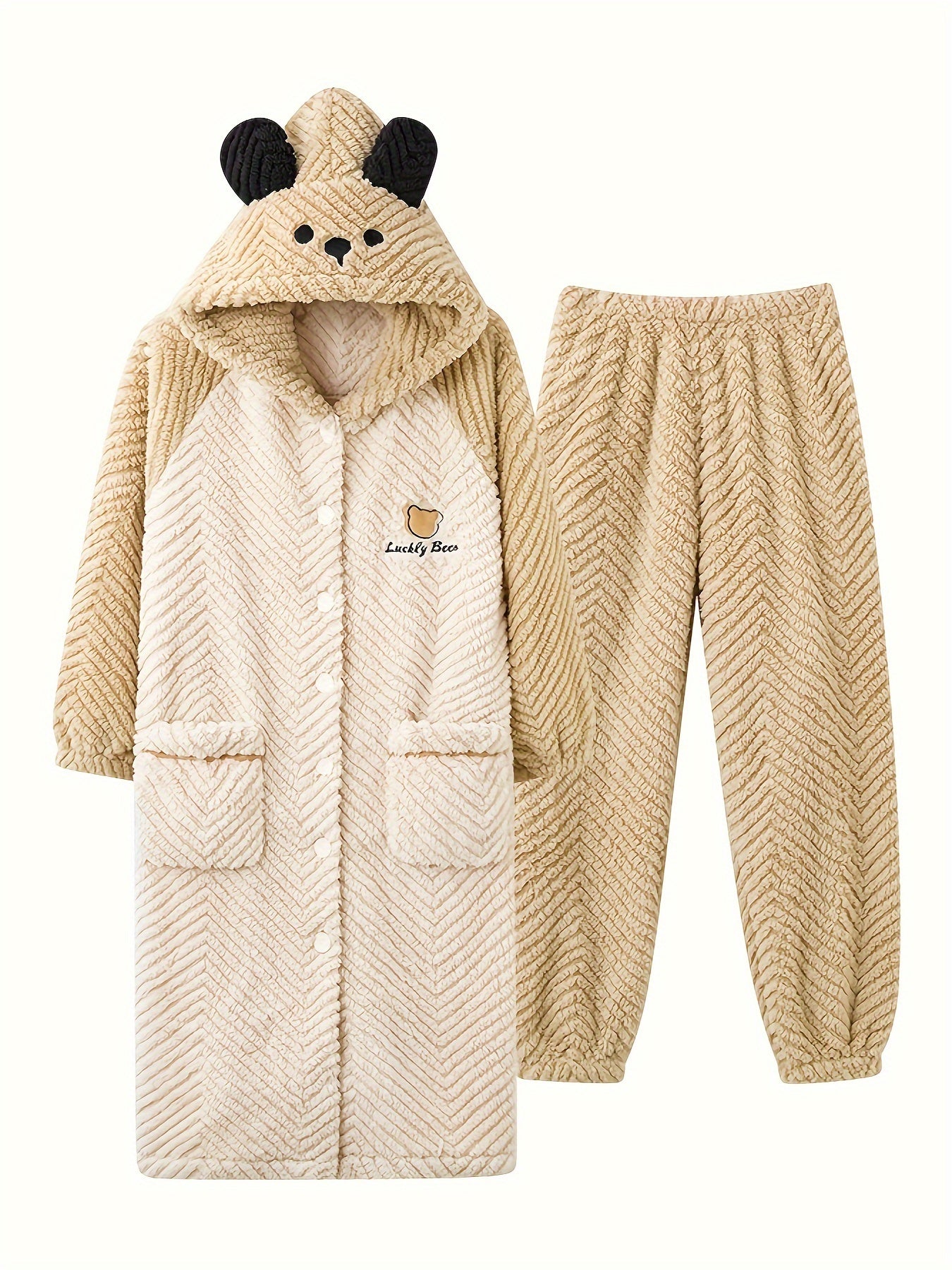 Cartoon Bear Pajama Set Robe & Pants Women's Sleepwear
