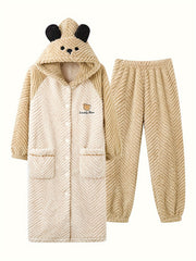 Cartoon Bear Pajama Set Robe & Pants Women's Sleepwear