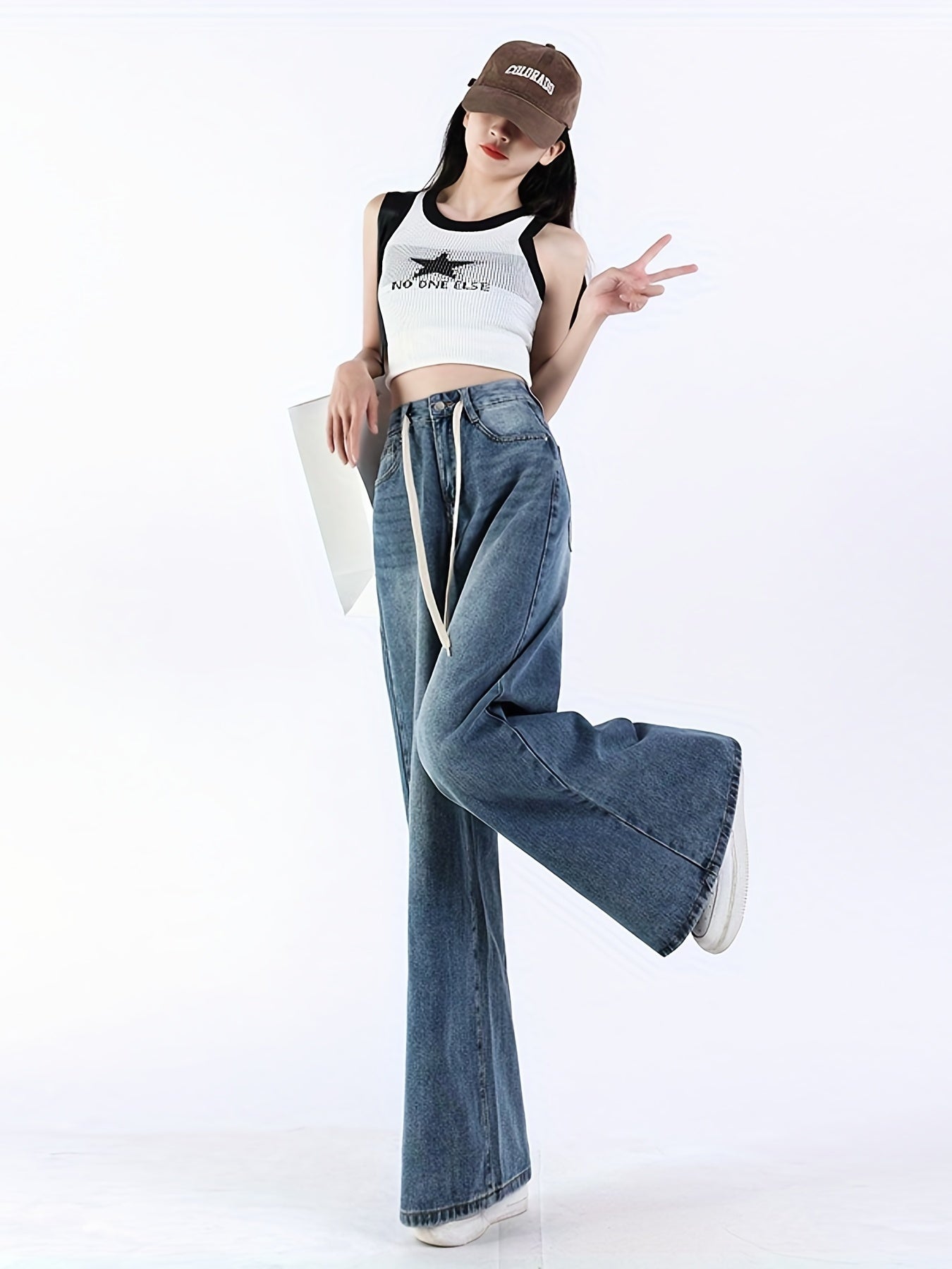 Wide Leg Straight Jeans Non Stretch Slash Pockets