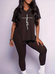 Letter Print Matching Two piece Set Short Sleeve T shirt & Casual Leggings