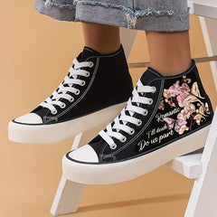 Women's Butterfly & Letter Print Canvas High Top Sneakers Lace Up Outdoor Shoes
