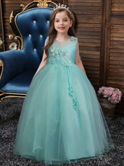 Girls Princess Dress Sleeveless Flower Embroidery Mesh Tutu Dress