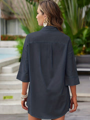 Casual Solid Two piece Shorts Set Button Front Shirt & Elastic Shorts