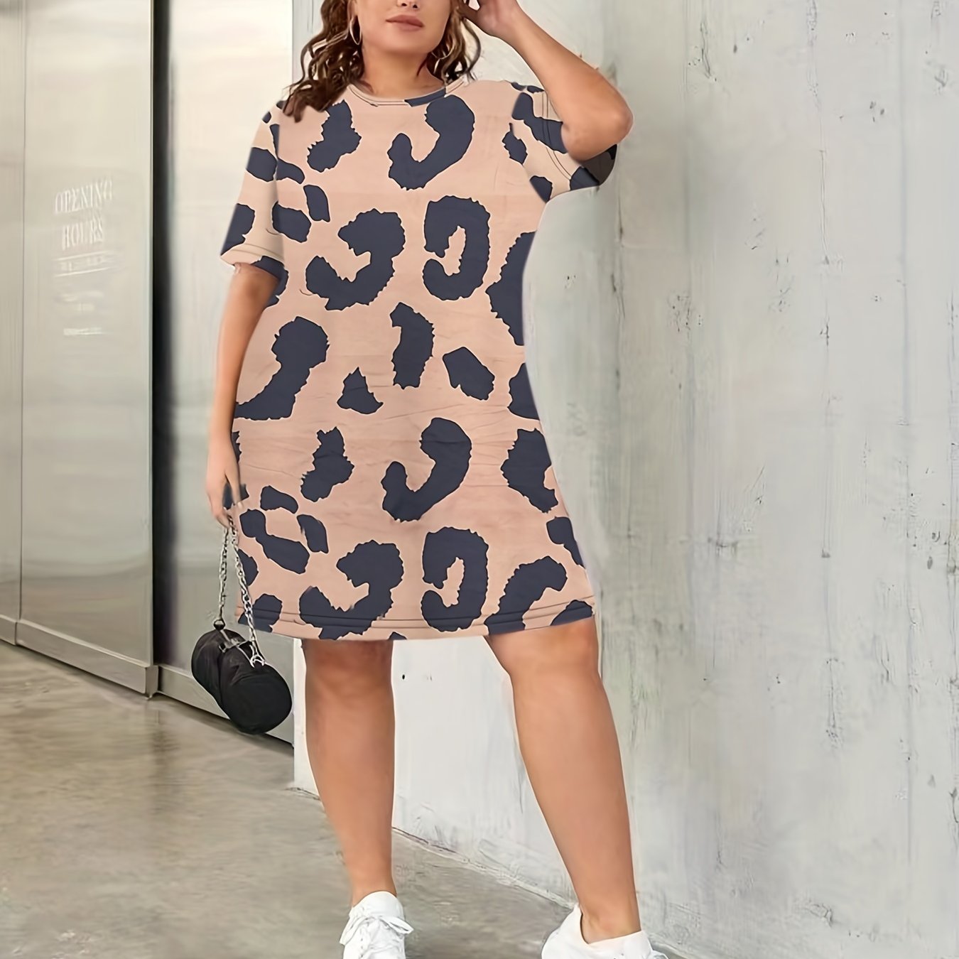 Plus Dalmatian Print Short Sleeve Round Neck Dress