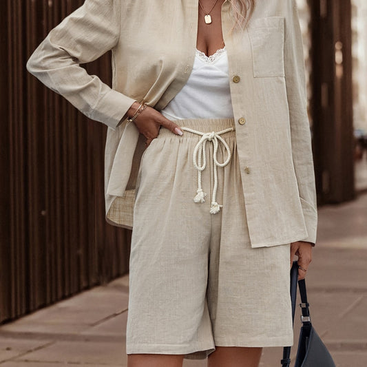 Solid Button Down Pantsuit Casual Two Piece Set
