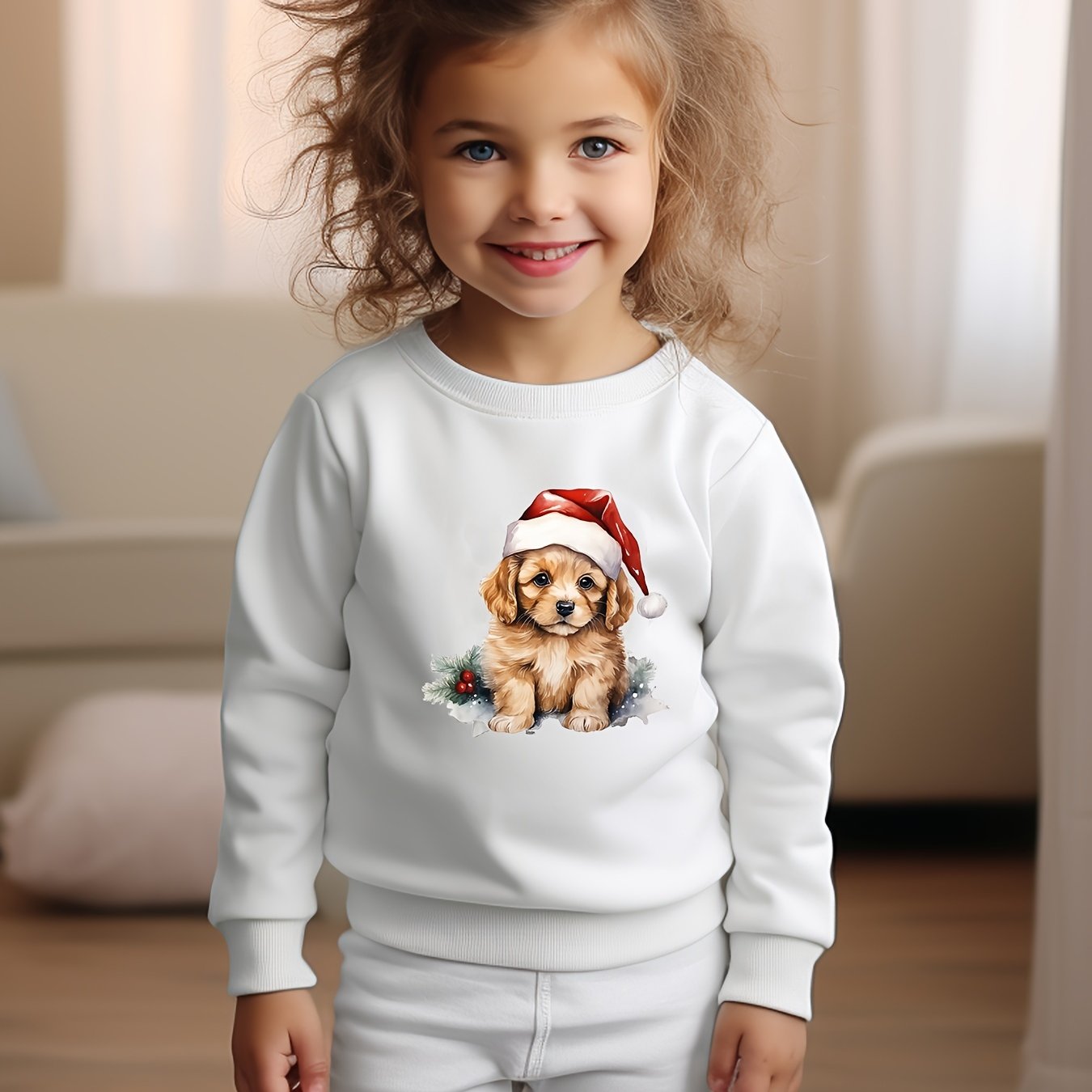 Christmas Dog Print Girls Casual Pullover Sweatshirt Long Sleeve Crew Neck Tops