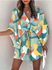 Bell Sleeve Button Dress V Neck Drawstring Casual