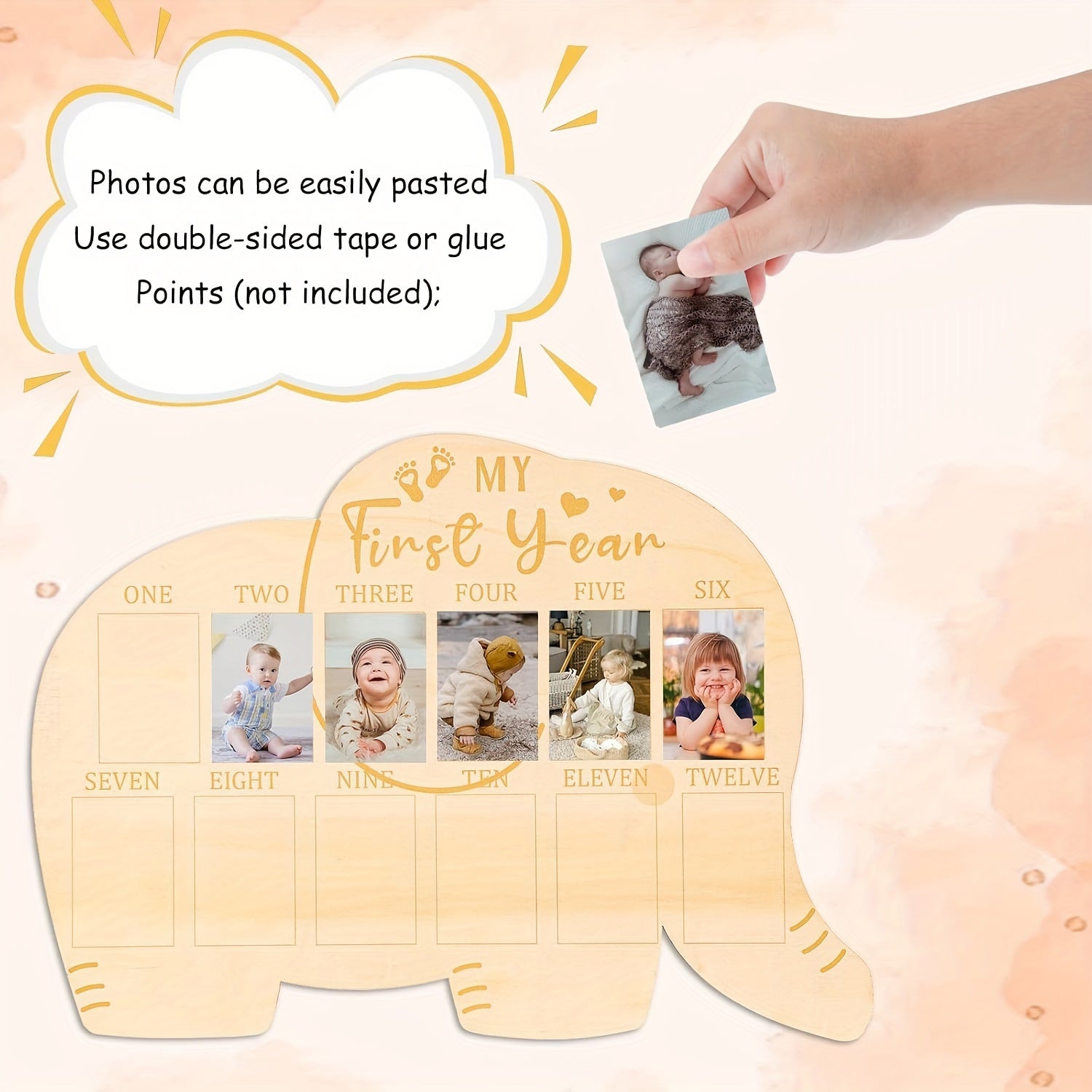Elephant Wooden First Year Photo Frame, Perfect Keepsake Gift for Mom