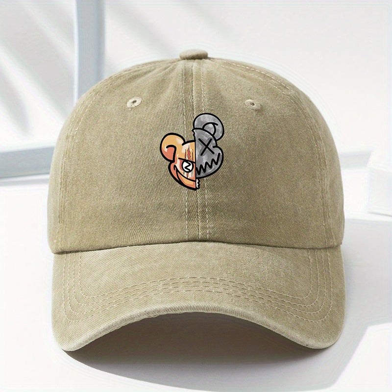 Split Bear Print Baseball Cap Vintage Washed Distressed Cartoon Dad Hats