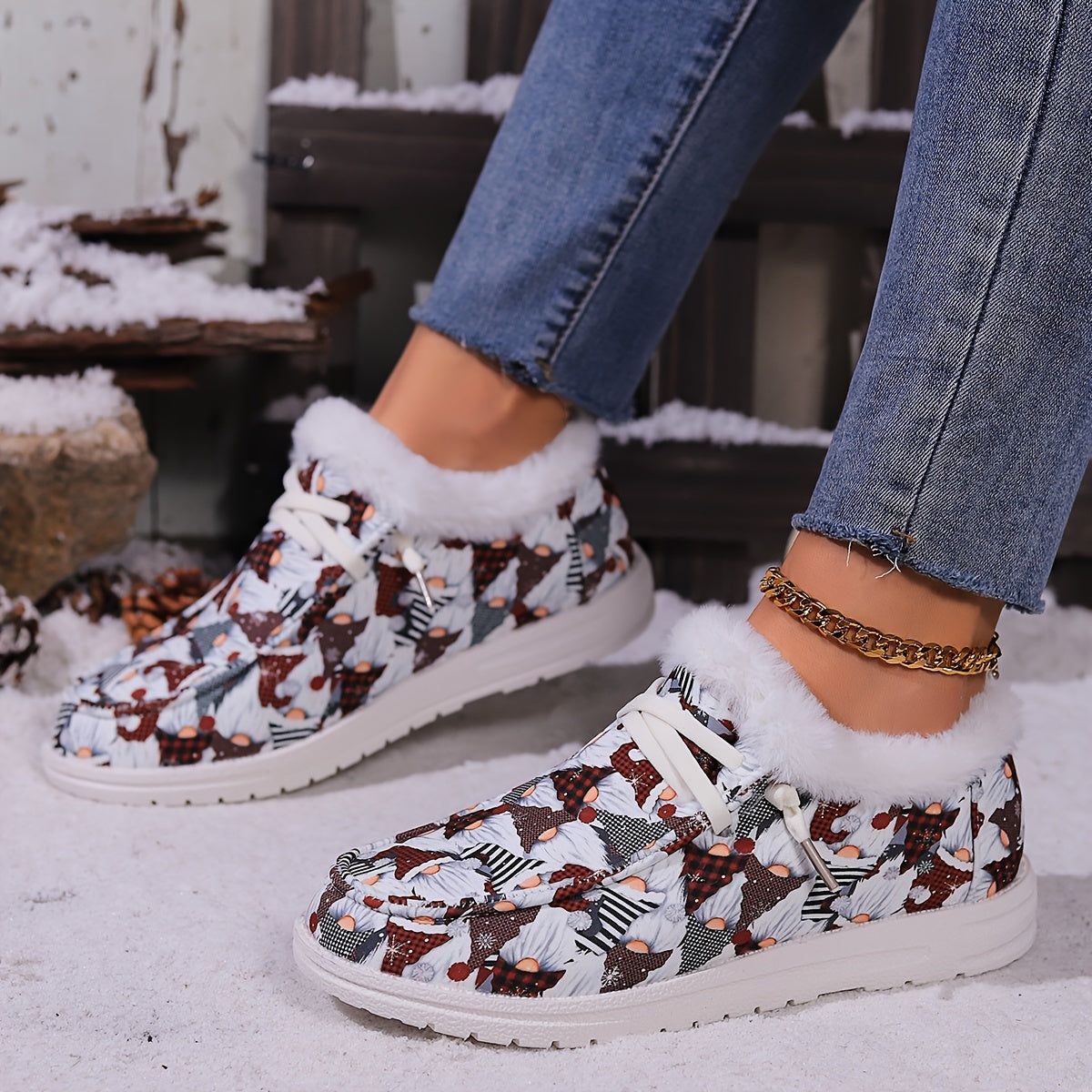 Christmas Style Snow Boots Santa Claus Pattern Plush Comfort Flats