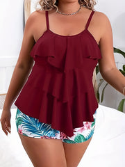Sexy Tankini Set Ruffle Trim Cami Top & Tropical Print Shorts Swimsuit