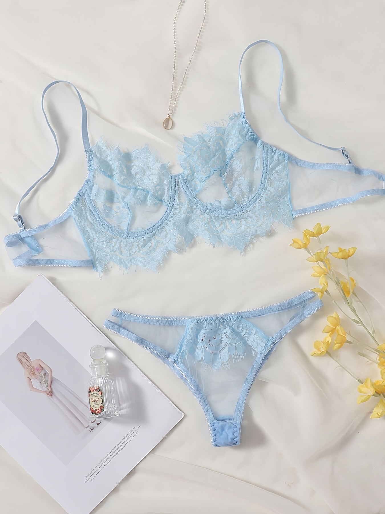 Lacy Trim Semi Sheer Lingerie Set Sexy Women's Underwear