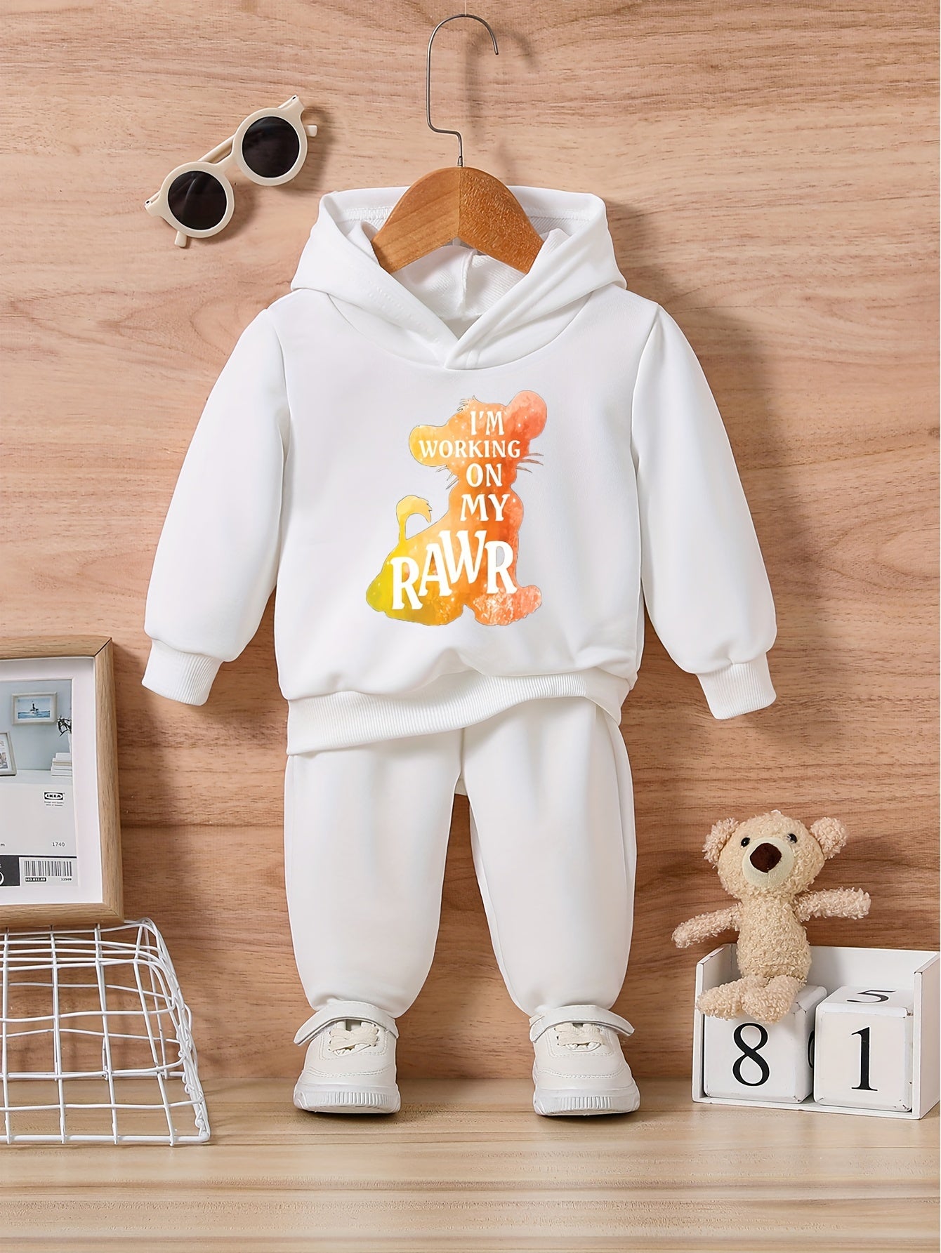 Baby Lion Letter Print Casual Outfit Long Sleeve Hoodie Trousers Set
