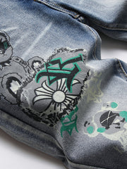 Men's Bear Graphic Stretch Graffiti Print Jeans