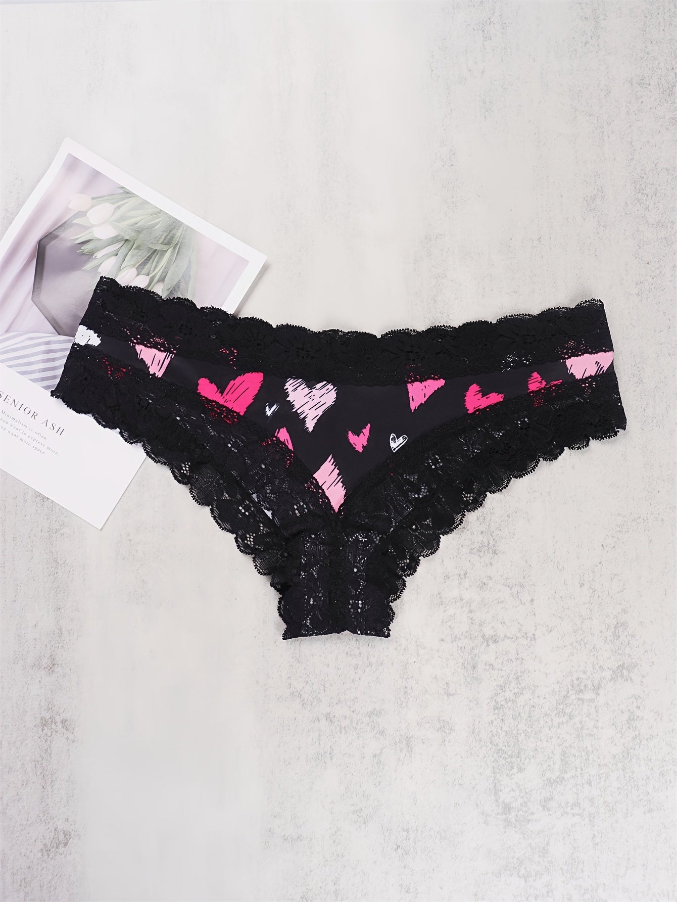 5 Pack Plus Size Lace Heart & Bow Print Panties Set