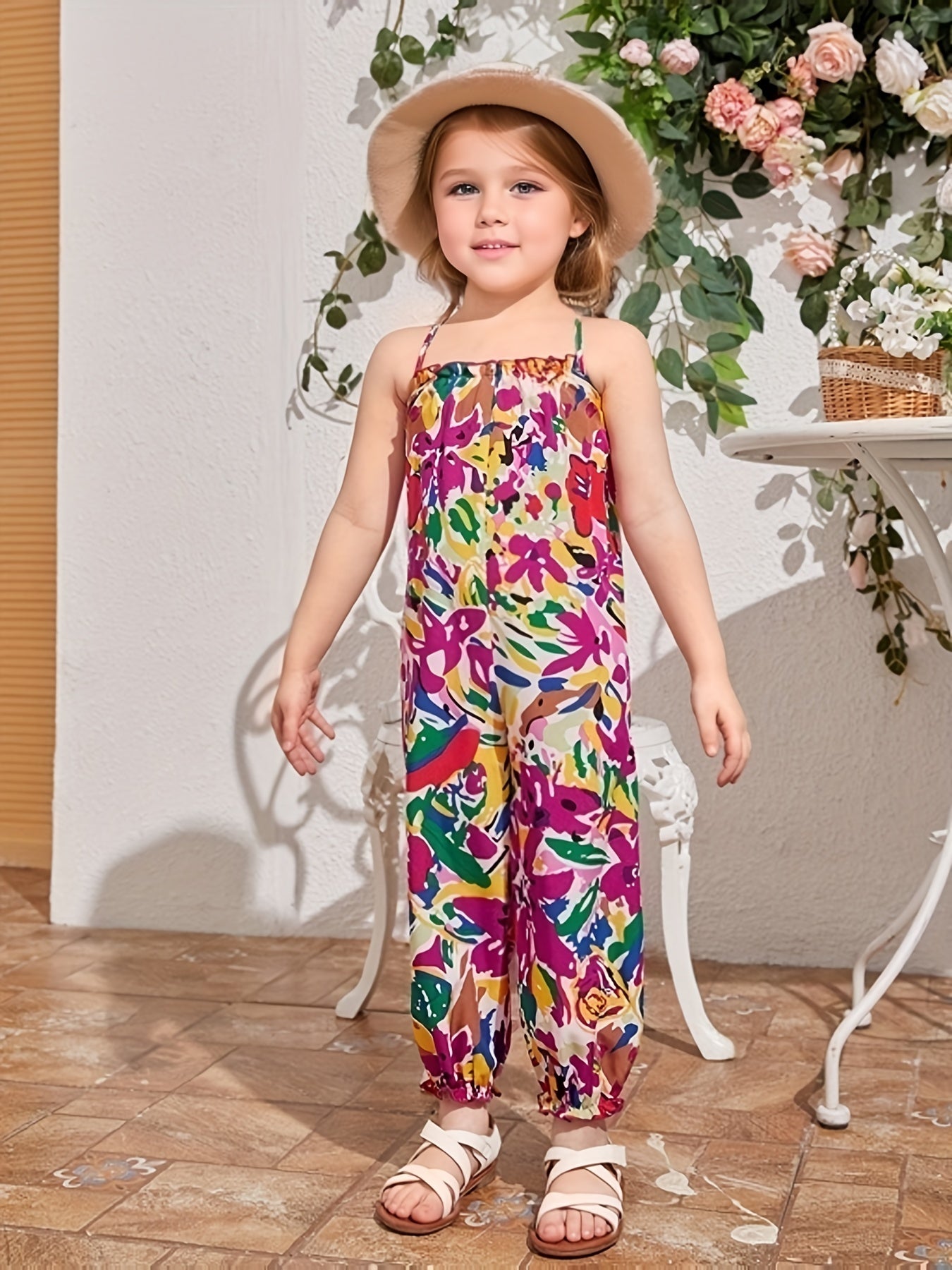 Girls Colorful Graffiti Cami Jumpsuit Halter Neck Casual Long Jumpsuit