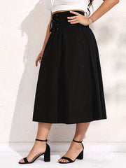 Solid Ribbed Lace Up Pleated Skirt