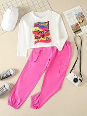 Girls 2pcs Comfy Outfits Crew Neck Long Sleeve Pullover Top Cargo Pants Set