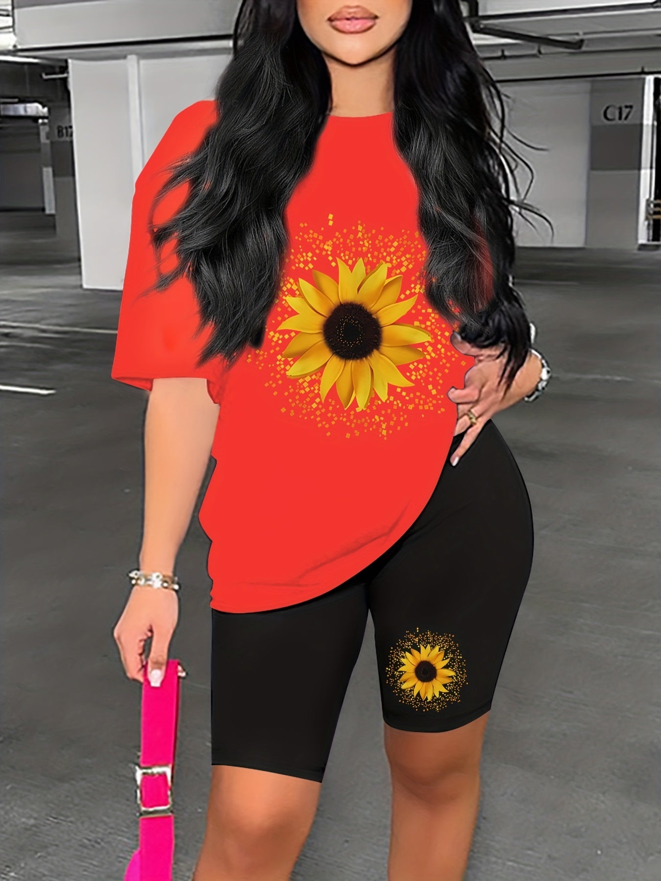 Sunflower Print Lounge Set Short Sleeve Top & Shorts Women's Loungewear