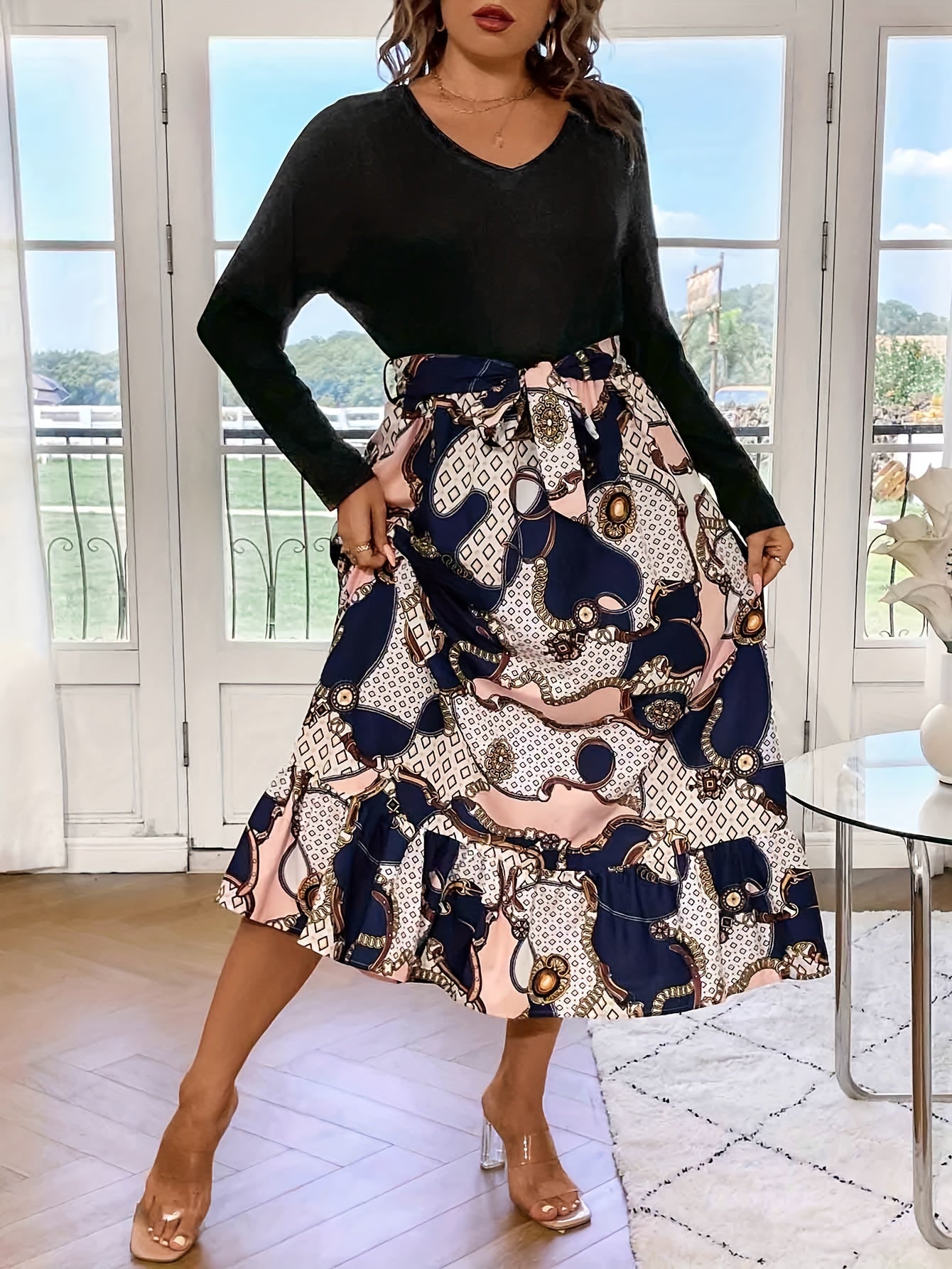 Colorblock Geometri & Chain Print Long Sleeve V Neck Dress