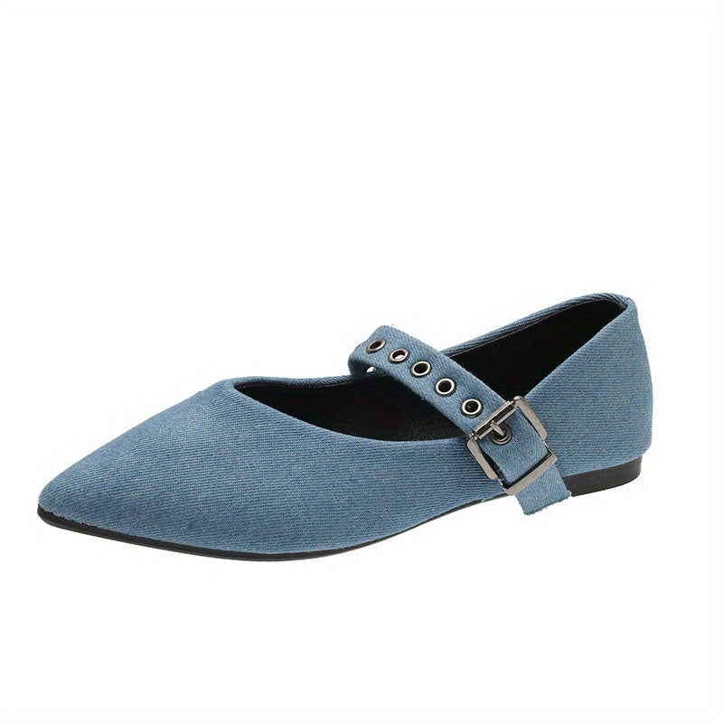 Women's Denim Flat Shoes Casual Point Toe Buckle Strap Barefoot Shoes
