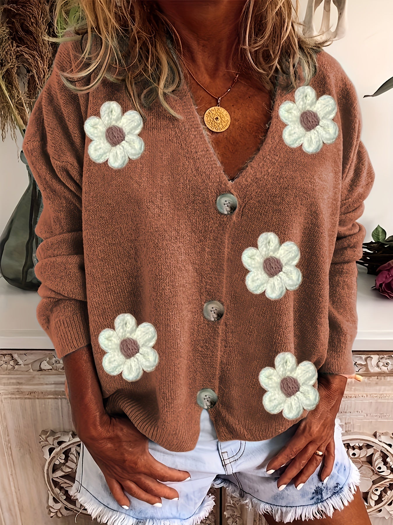 Casual Cardigan Women's Plus Floral Patch Button Decor
