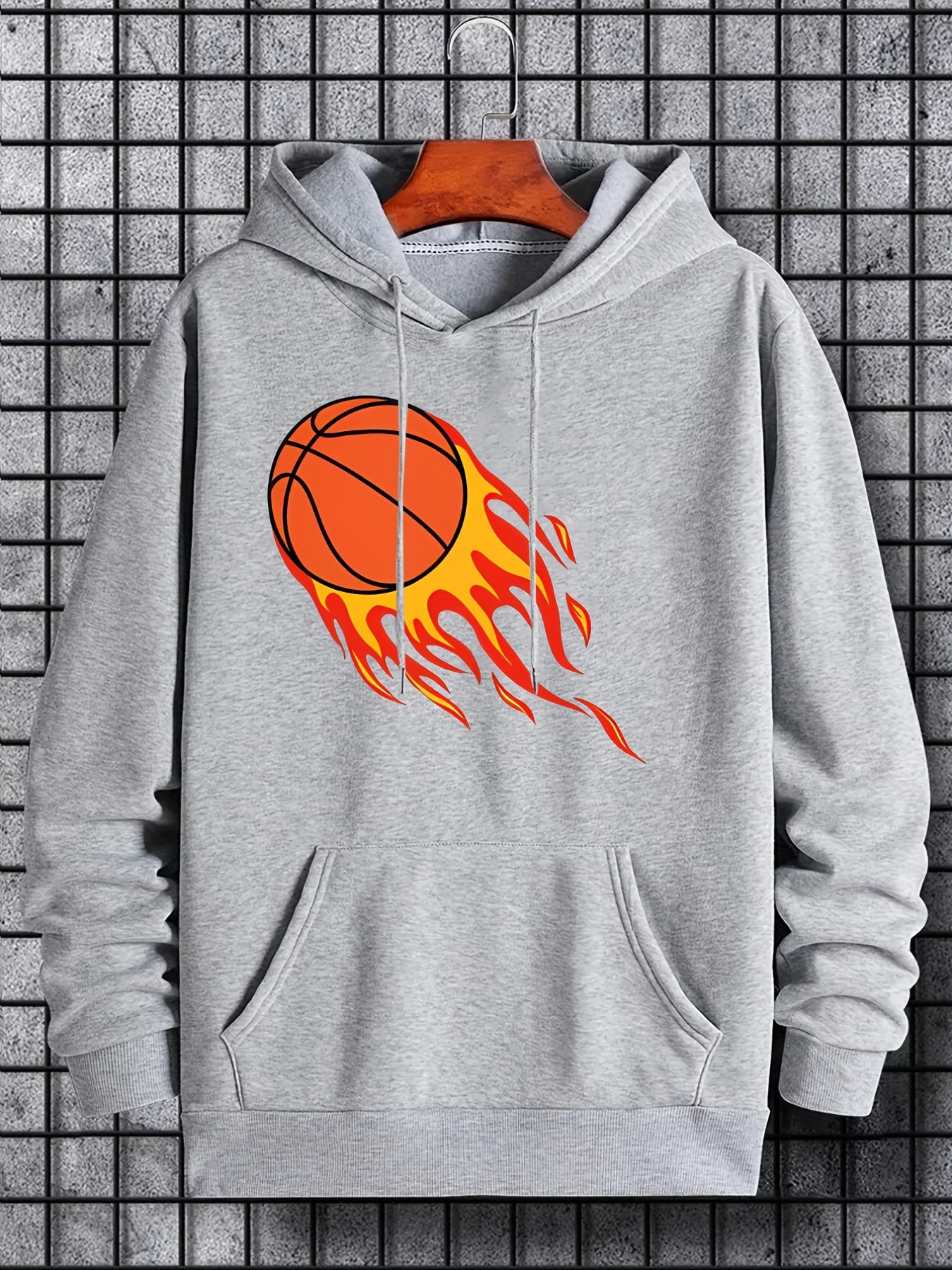 Basketball On Fire Print Hoodie for Men