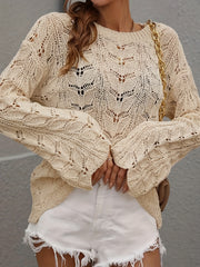 Casual Hollow Out Bell Sleeve Crew Neck Sweater Plus Size