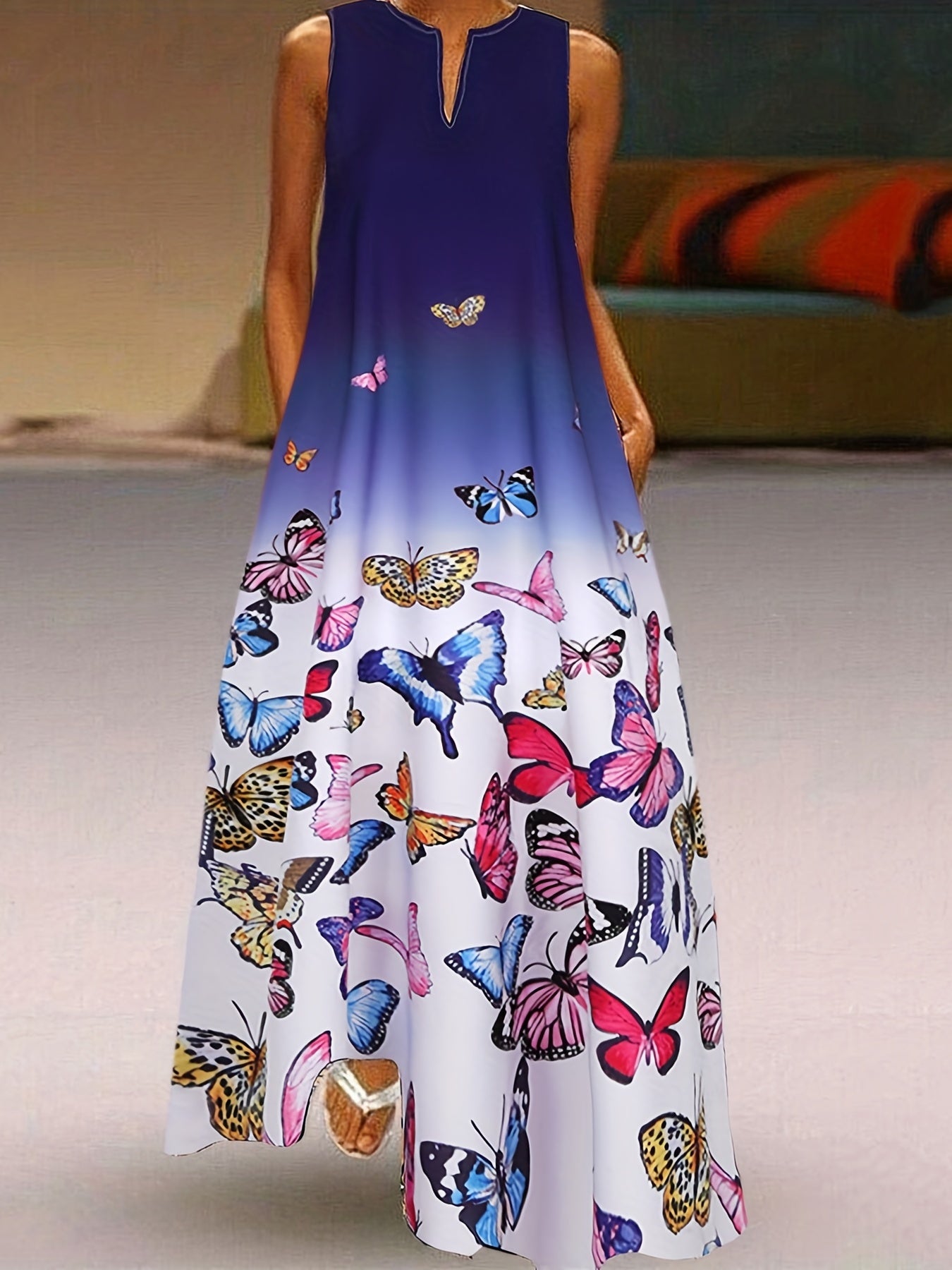 Butterfly Ombre Print Notched Neck Tank Maxi Dress