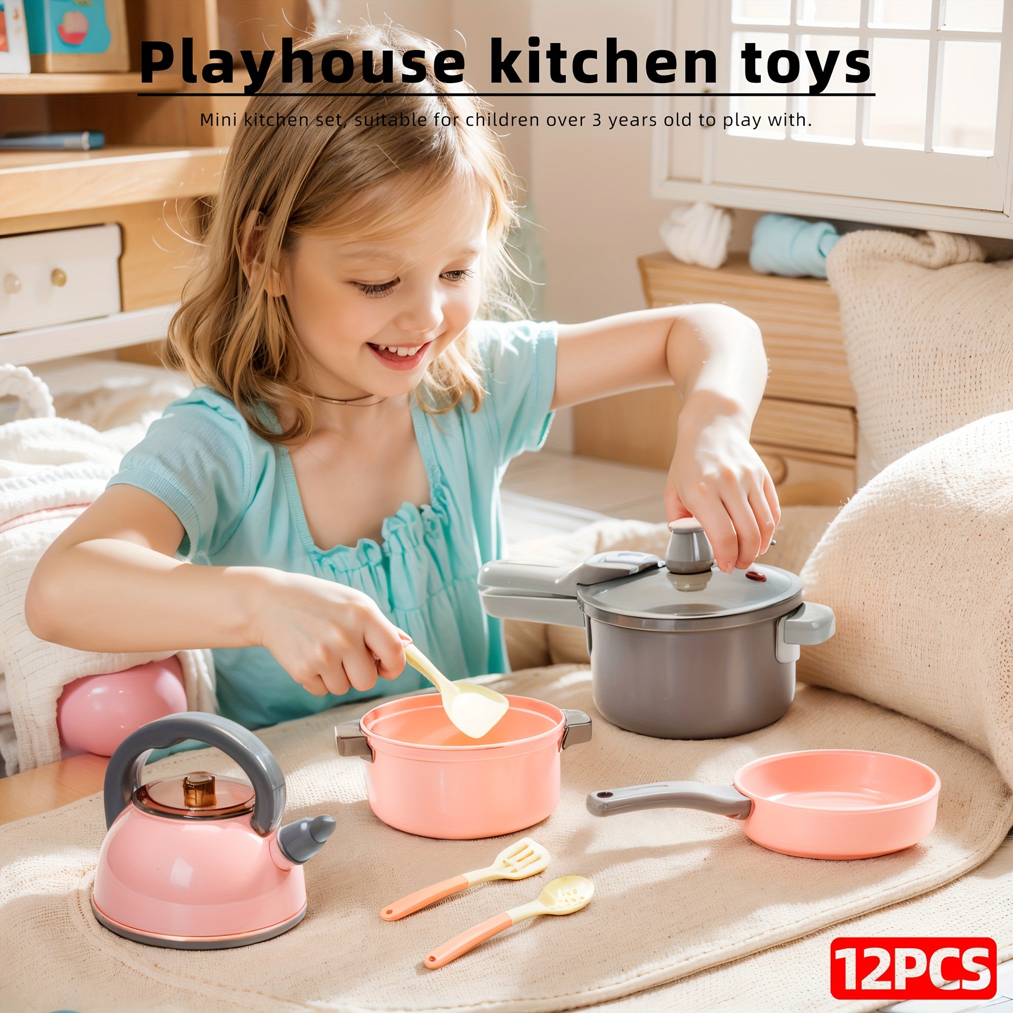 12pcs Pretend Kitchen Cooking Set for Girls | Realistic Toys with Kettle, Pan