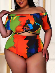 Colorful Painting Print Off Shoulder Criss Cross Swimsuit Set