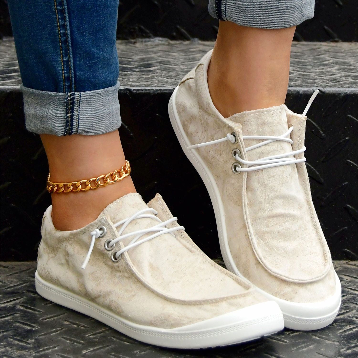 Women's Lace Up Canvas Shoes Comfortable Slip On Loafers Casual Low Top Sneakers