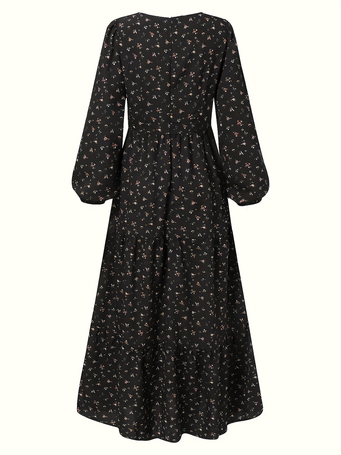 Ditsy Print Lantern Sleeve V Neck Maxi Smock Dress