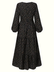 Ditsy Print Lantern Sleeve V Neck Maxi Smock Dress
